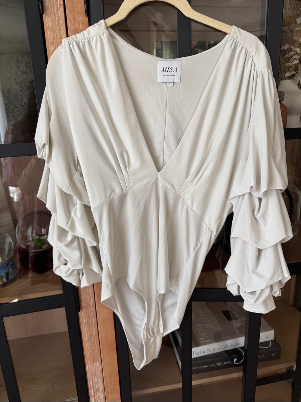 Misa Los Angeles Leona Bodysuit tiered long sleeve ruffle White vneck seamless